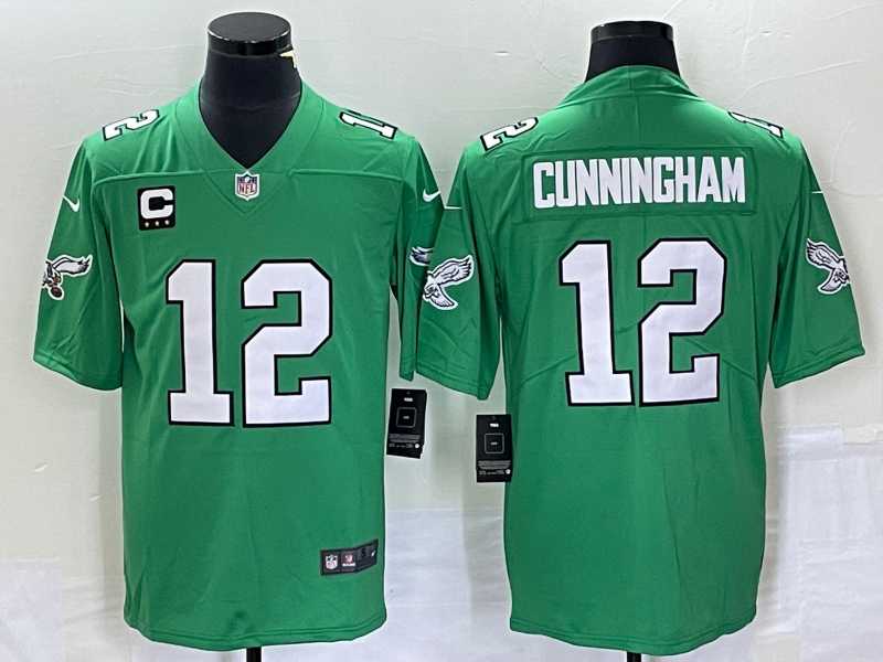 Mens Philadelphia Eagles #12 Randall Cunningham Green C Patch 2023 Vapor Limited Throwback Jersey